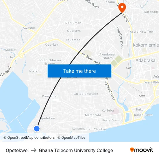 Opetekwei to Ghana Telecom University College map