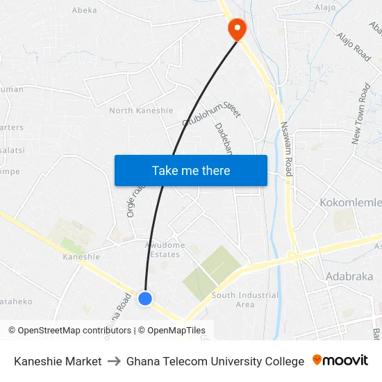 Kaneshie Market to Ghana Telecom University College map
