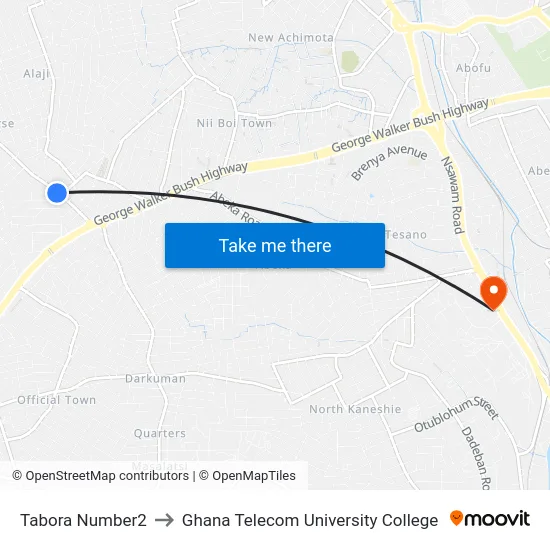 Tabora Number2 to Ghana Telecom University College map