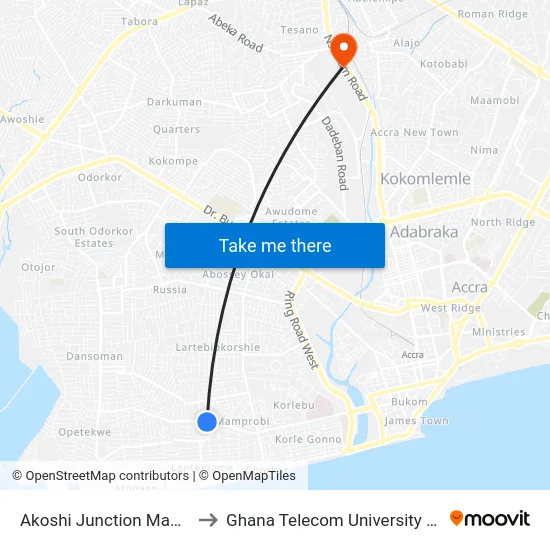Akoshi Junction Mamprobi to Ghana Telecom University College map