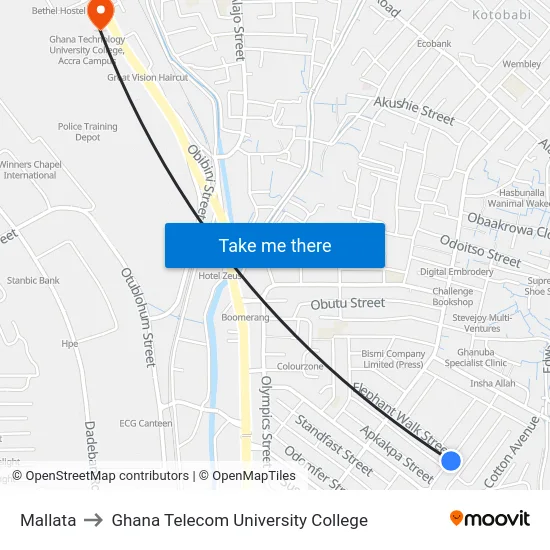 Mallata to Ghana Telecom University College map