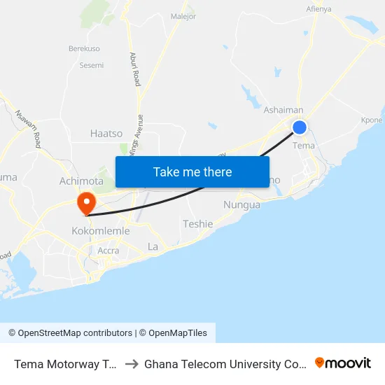 Tema Motorway Total to Ghana Telecom University College map
