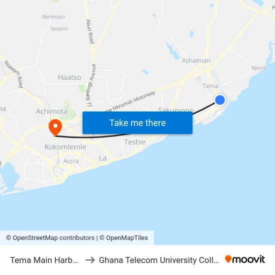 Tema Main Harbour to Ghana Telecom University College map