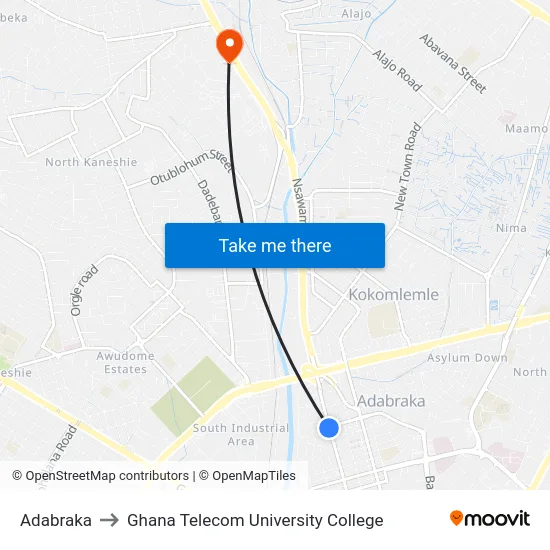 Adabraka to Ghana Telecom University College map