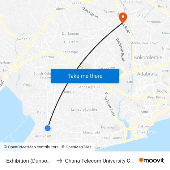 Exhibition (Dansoman) to Ghana Telecom University College map