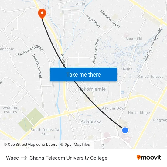 Waec to Ghana Telecom University College map