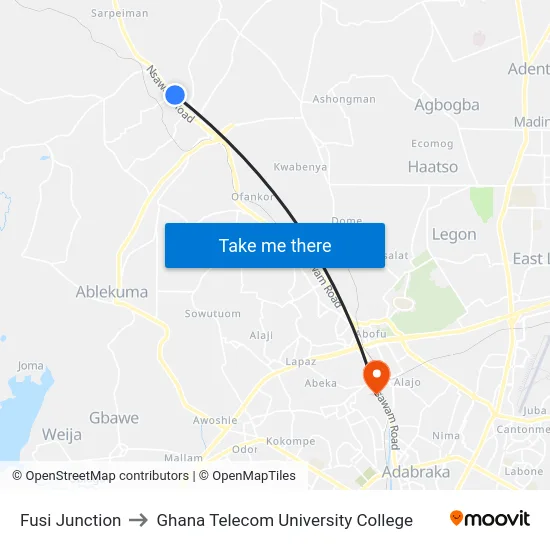 Fusi Junction to Ghana Telecom University College map