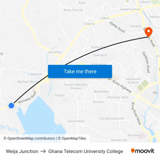 Weija Junction to Ghana Telecom University College map