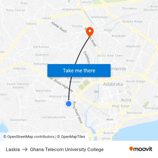 Laskia to Ghana Telecom University College map