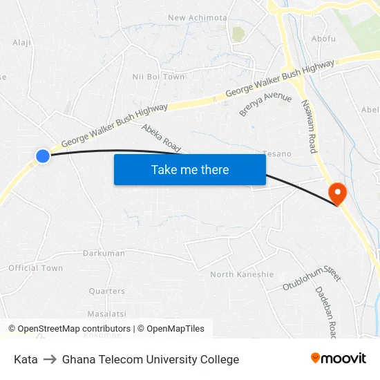 Kata to Ghana Telecom University College map