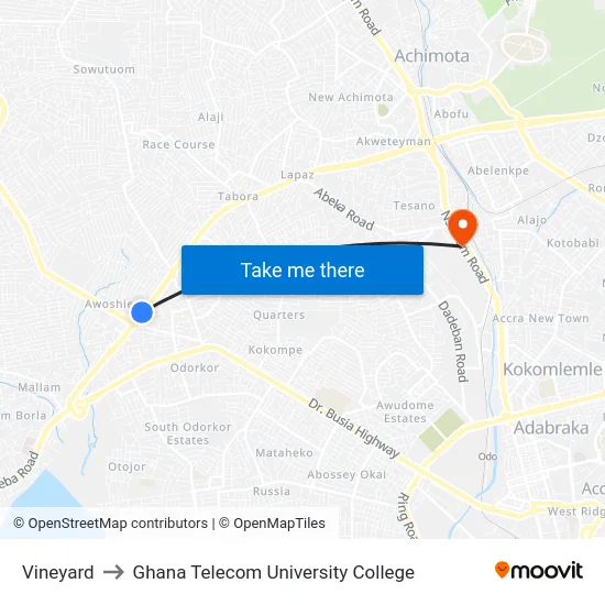 Vineyard to Ghana Telecom University College map