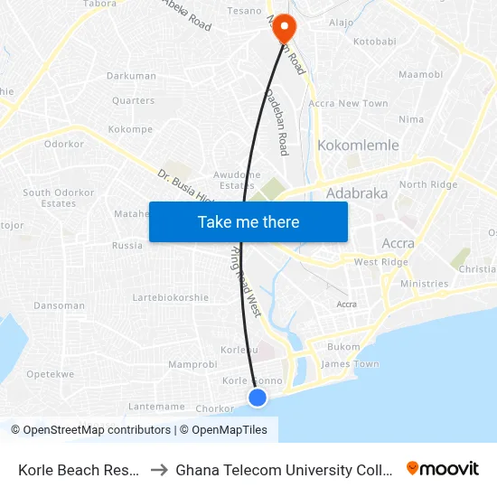 Korle Beach Resort to Ghana Telecom University College map
