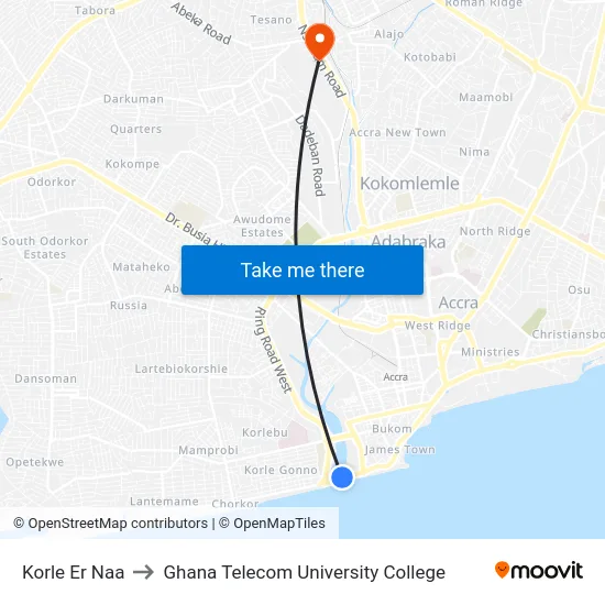 Korle Er Naa to Ghana Telecom University College map