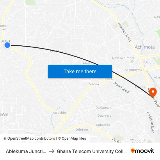 Ablekuma Junction to Ghana Telecom University College map