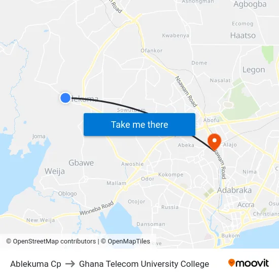 Ablekuma Cp to Ghana Telecom University College map
