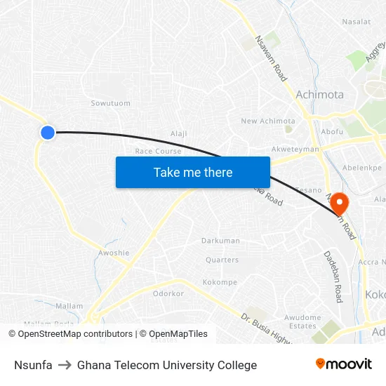Nsunfa to Ghana Telecom University College map