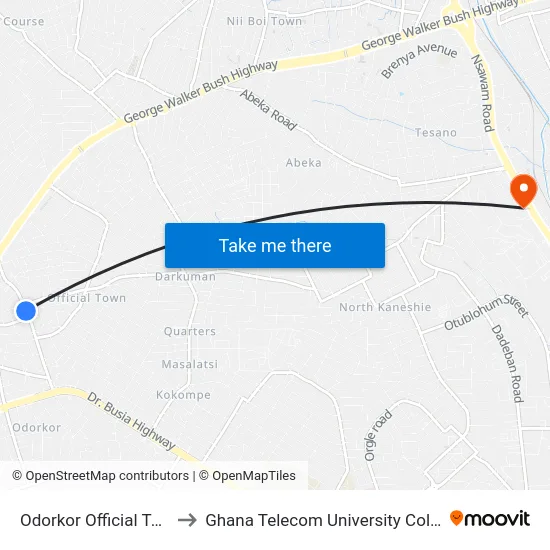 Odorkor Official Town to Ghana Telecom University College map
