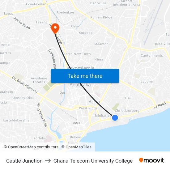 Castle Junction to Ghana Telecom University College map