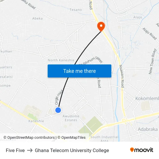 Five Five to Ghana Telecom University College map