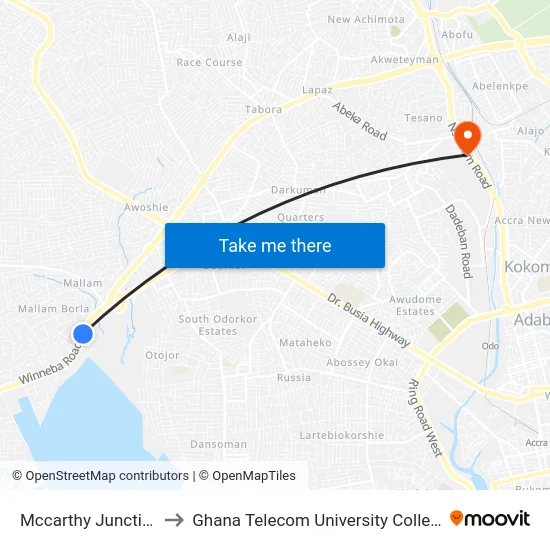 Mccarthy Junction to Ghana Telecom University College map
