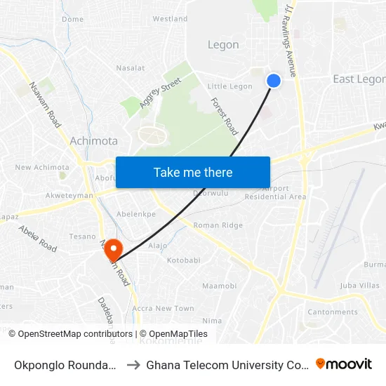 Okponglo Roundabout to Ghana Telecom University College map