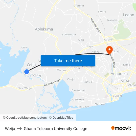 Weija to Ghana Telecom University College map