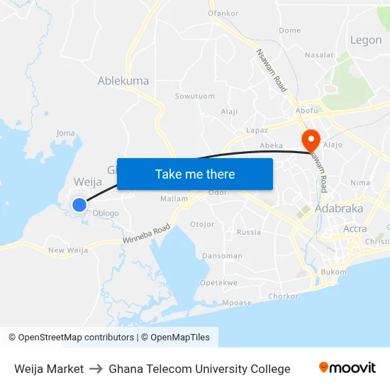 Weija Market to Ghana Telecom University College map