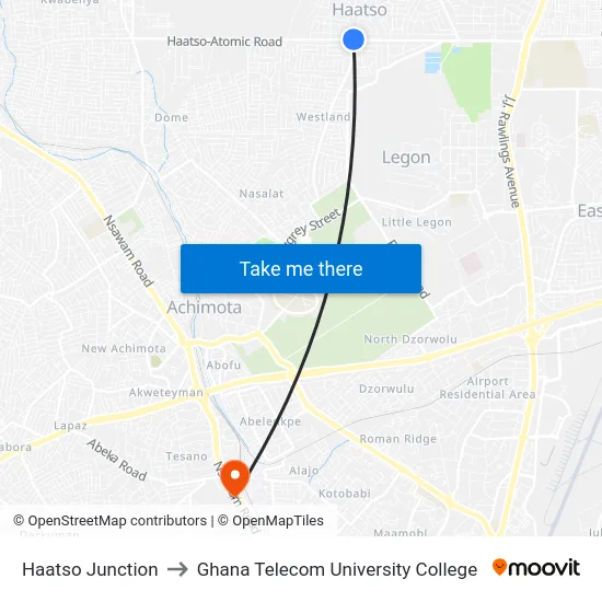 Haatso Junction to Ghana Telecom University College map