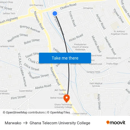 Marwako to Ghana Telecom University College map