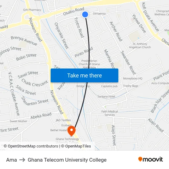 Ama to Ghana Telecom University College map