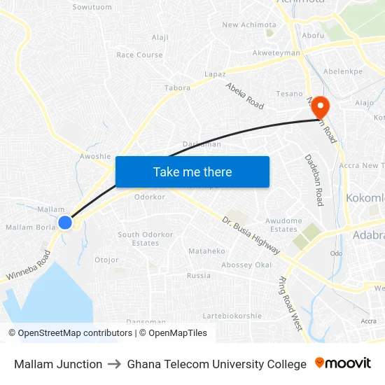 Mallam Junction to Ghana Telecom University College map