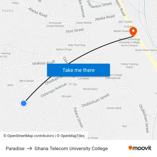 Paradise to Ghana Telecom University College map