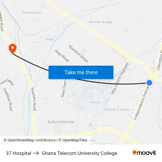 37 Hospital to Ghana Telecom University College map