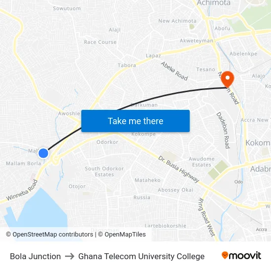 Bola Junction to Ghana Telecom University College map