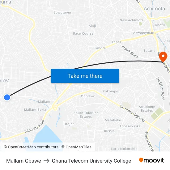 Mallam Gbawe to Ghana Telecom University College map