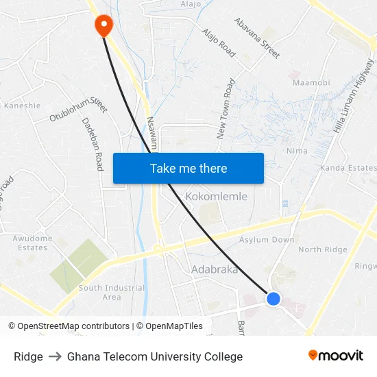 Ridge to Ghana Telecom University College map