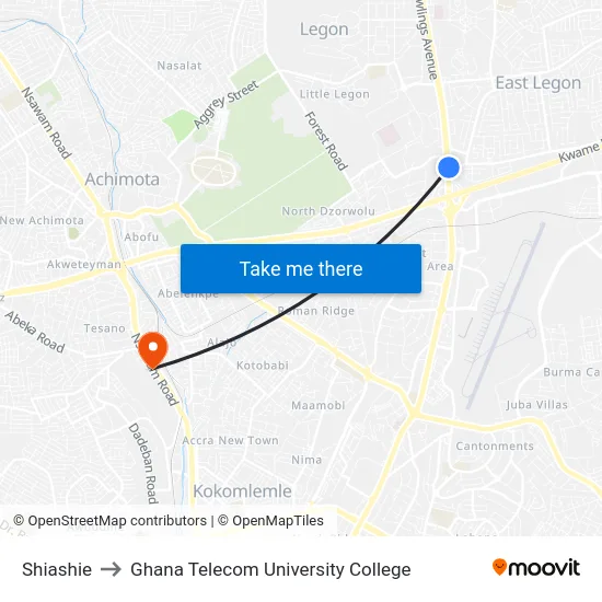 Shiashie to Ghana Telecom University College map