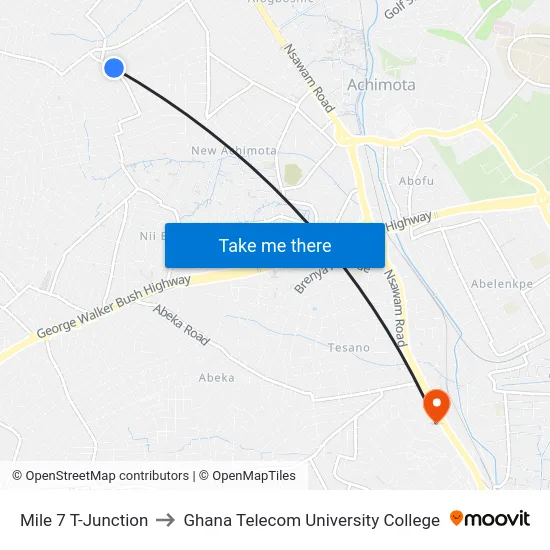 Mile 7 T-Junction to Ghana Telecom University College map