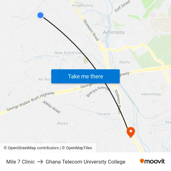 Mile 7 Clinic to Ghana Telecom University College map