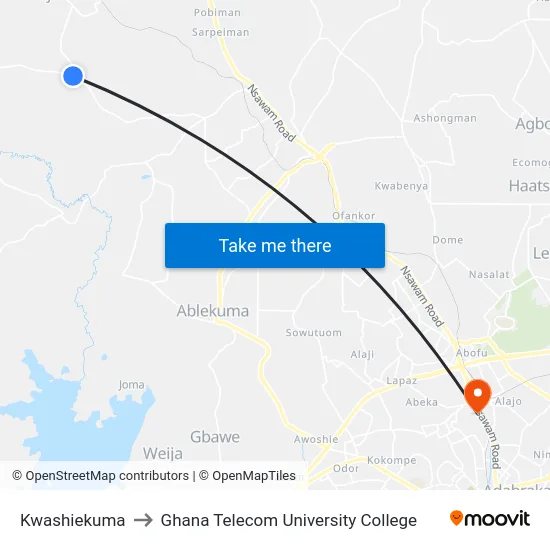Kwashiekuma to Ghana Telecom University College map