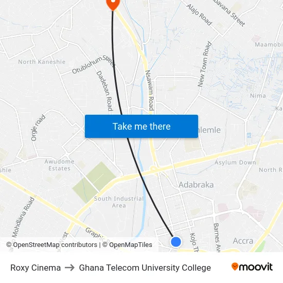 Roxy Cinema to Ghana Telecom University College map
