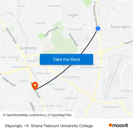 Okponglo to Ghana Telecom University College map