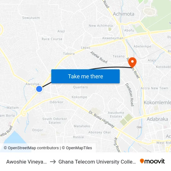 Awoshie Vineyard to Ghana Telecom University College map