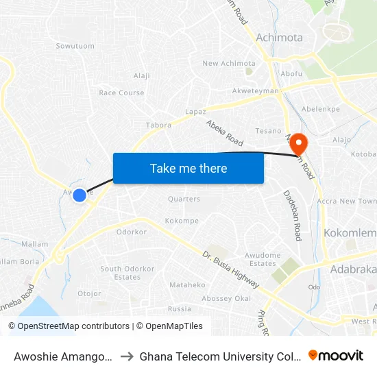 Awoshie Amangoase to Ghana Telecom University College map