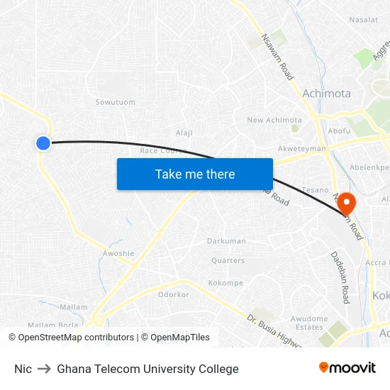 Nic to Ghana Telecom University College map