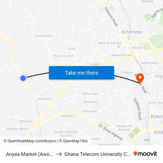 Anyaa Market (Awoshie) to Ghana Telecom University College map