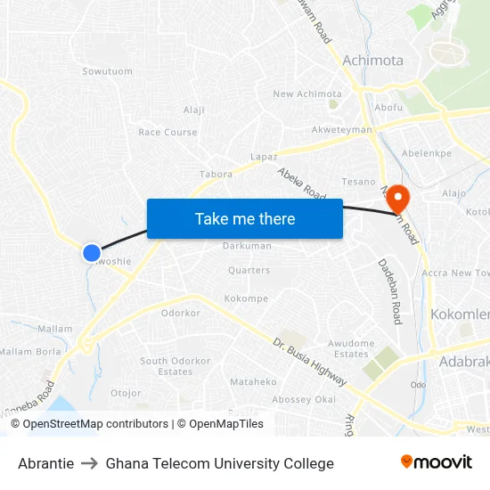 Abrantie to Ghana Telecom University College map