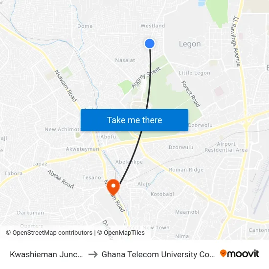 Kwashieman Junction to Ghana Telecom University College map