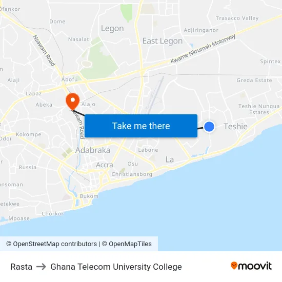 Rasta to Ghana Telecom University College map