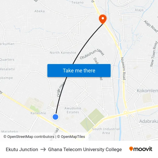Ekutu Junction to Ghana Telecom University College map